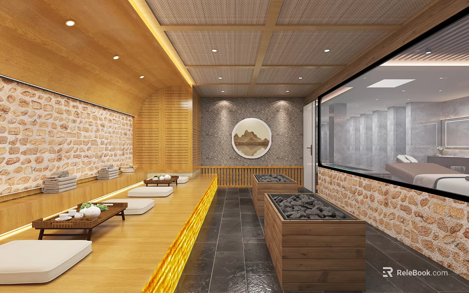 SPA Sauna Interior With Wooden Ceiling Stone Walls Benches And Circular Decorative Painting 3d model 