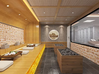 SPA Sauna Interior With Wooden Ceiling Stone Walls Benches And Circular Decorative Painting 3d model