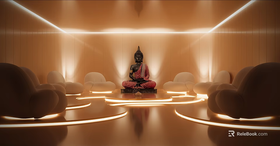 Contemporary Zen Indoor Space Featuring Central Buddha Statue White Curved Seats And Circular Light Decorations 3d model 