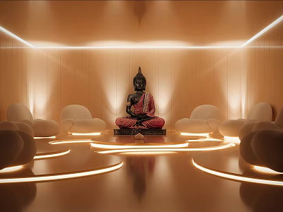 Contemporary Zen Indoor Space Featuring Central Buddha Statue White Curved Seats And Circular Light Decorations 3d model