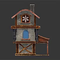Cartoon Style Two Story House With Red Roof Blue Window Chimney And Stone Walls