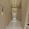 Minimalist Beige Beauty and Hair Salon Interior with Reception Desk Pendant Lights Sofa and Plants