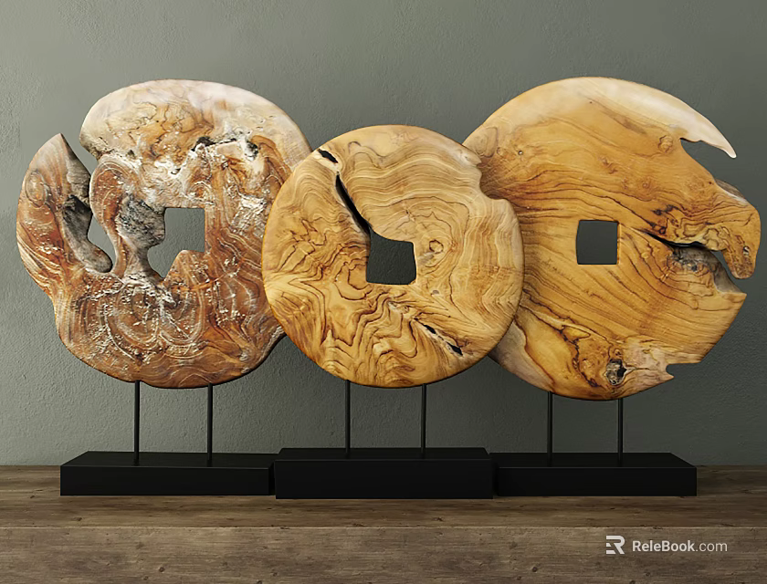 Decorative Wooden Round Ornament Set With Natural Texture And Black Base 3d model 