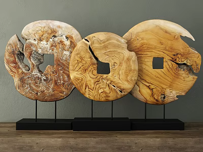 Decorative Wooden Round Ornament Set With Natural Texture And Black Base 3d model