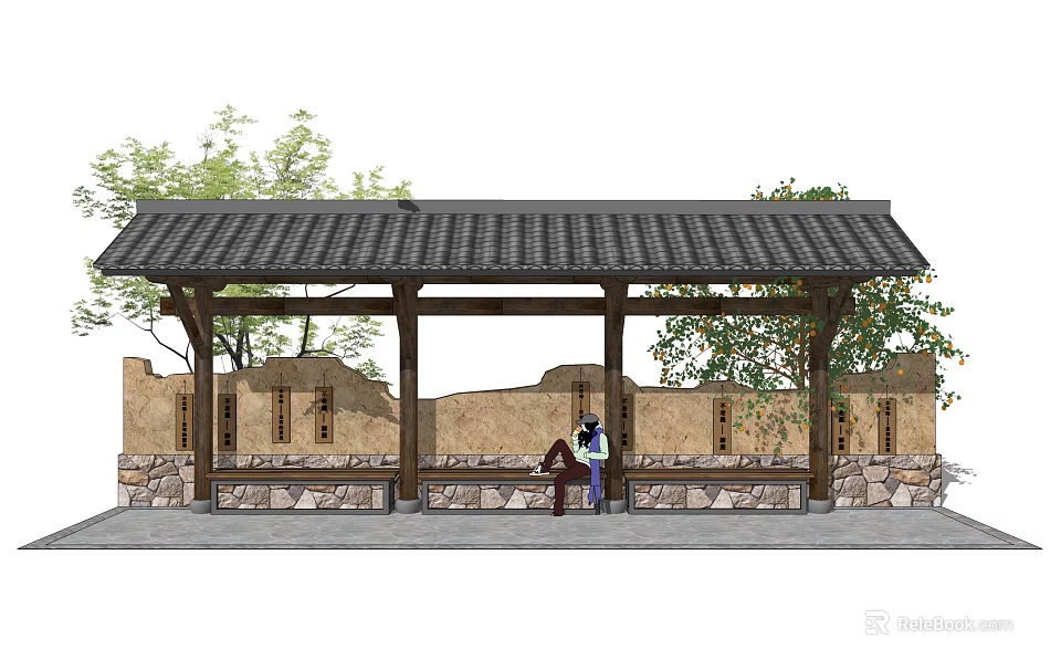 Traditional Scenic Wall With Stone Base Windows And Pavilion Roof Near Trees And Bench 3d model 