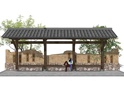 Traditional Scenic Wall With Stone Base Windows And Pavilion Roof Near Trees And Bench 3d model