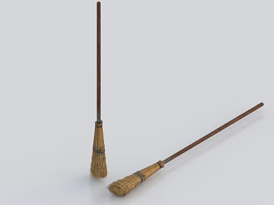 Two Straw Brooms With Wooden Handles For Household Cleaning Use 3d model