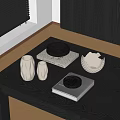 Modern Decorative Ornament Set with White Vases Black Trays Shell Shaped Ornament on Books Table