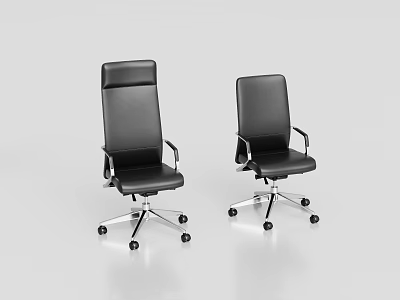 Two Ergonomic Black Leather Office Chairs With Swivel Wheels And Adjustable Armrests 3d model