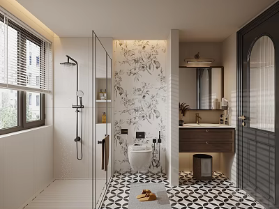 Modern Bathroom Interior With Glass Shower Floral Wall Vanity And Geometric Floor 3d model