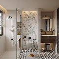 Modern Bathroom Interior With Glass Shower Floral Wall Vanity And Geometric Floor