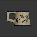 Beige Mug With Blue Handle And Decorative Patterns Of Butterfly Cat Moon Star And Hand