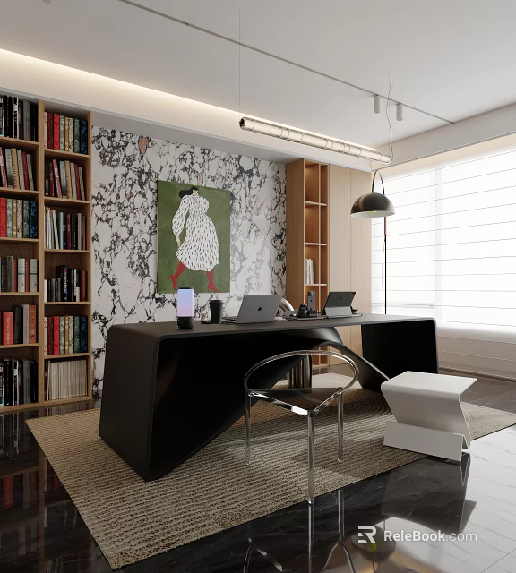 Modern Study Room With Bookshelves Decorative Wall Artwork Black Desk And Window Blinds 3d model 