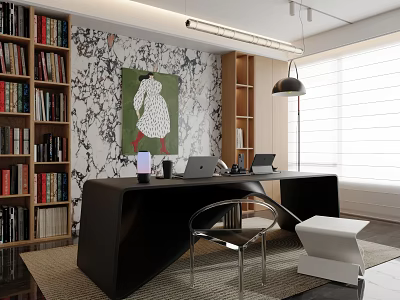 Modern Study Room With Bookshelves Decorative Wall Artwork Black Desk And Window Blinds 3d model