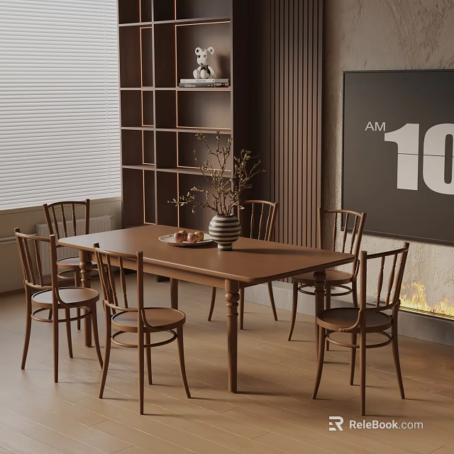Rustic Wooden Dining Table Set With Six Chairs Vase And Fruit Plate Near Bookshelf 3d model 