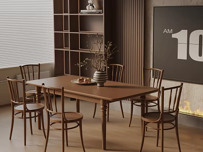 Rustic Wooden Dining Table Set With Six Chairs Vase And Fruit Plate Near Bookshelf 3d model