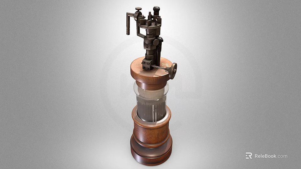 Vintage Mechanical Device with Wooden Stand and Metal Parts 3d model 