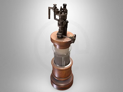 Vintage Mechanical Device with Wooden Stand and Metal Parts 3d model
