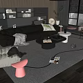 Modern Living Room Interior With Sofa Coffee Table Combination Plant Large Window And Bookshelf