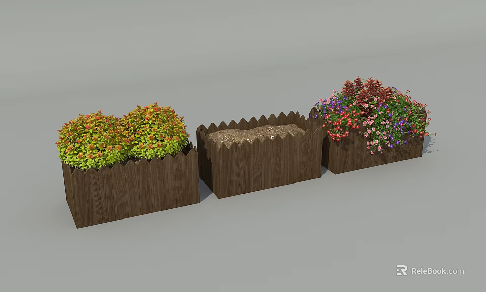 Garden Decorative Wooden Planters With Colorful Plants And Empty Center Design 3d model 