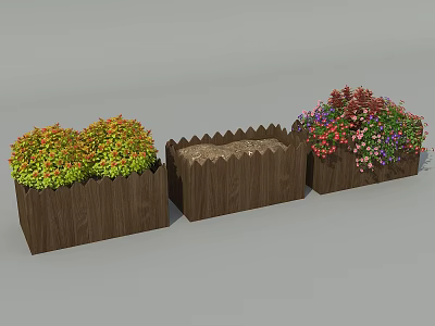 Garden Decorative Wooden Planters With Colorful Plants And Empty Center Design 3d model