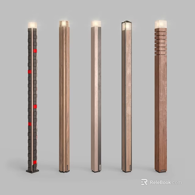 Modern Outdoor Pillar Lights With Various Wooden Designs For Garden Spaces 3d model 