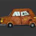 Orange Cartoon Style Worn Car With Broken Windows And Scratched Body