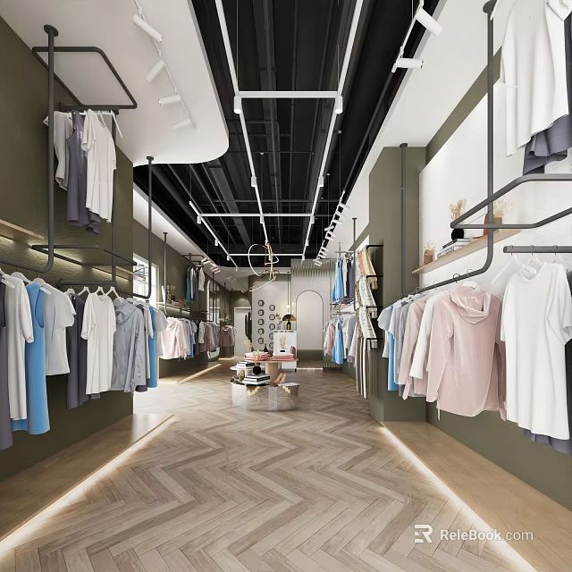 Modern Clothing Store Interior With Hanging Apparel Shelves And Herringbone Wooden Floor 3d model 