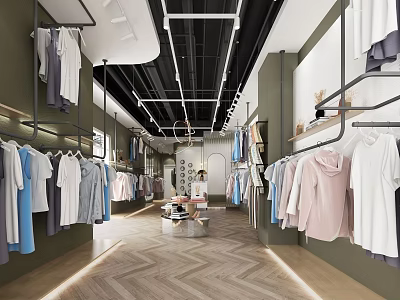 Modern Clothing Store Interior With Hanging Apparel Shelves And Herringbone Wooden Floor 3d model