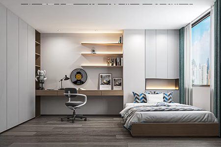 Modern Tatami Bedroom Desk and Chair Combination Green Plant Jewelry Ornaments Computer Desk Bookcase Wardrobe 3d model