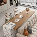Modern Living Room Wooden Table With Chairs Laptop Magazines And Marble Plant Lamp