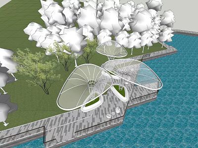 Waterfront Pergola Design With Glass Canopy And Wooden Deck Surrounded By Trees 3d model