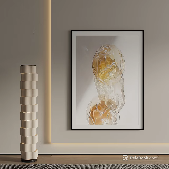 Contemporary Wall Art Black Frame With Transparent Yellow Orange Elements And Spiral Decorative Lamp 3d model 