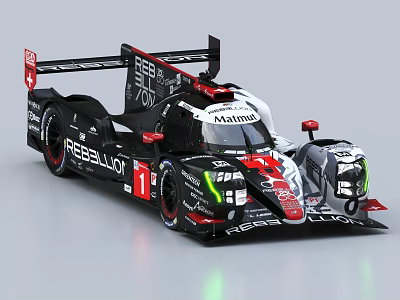 Rebellion Black Racing Car With Streamlined Design Sponsor Logos Green Headlights 3d model