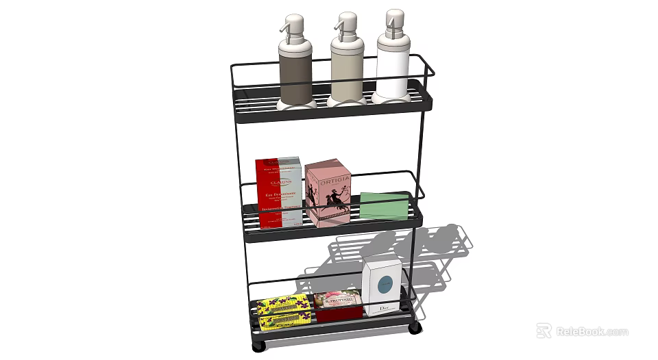 Rolling 3 Tier Storage Shelf Unit with Bottles Boxes and Home Organization Supplies 3d model 