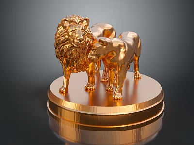 Decorative Golden Lion and Animal Sculpture on Shiny Polished Gold Circular Base 3d model