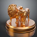Decorative Golden Lion and Animal Sculpture on Shiny Polished Gold Circular Base