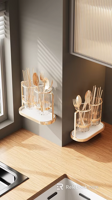 Modern Decorative Ornament Set With Golden Frame Storage Racks And Transparent Glass Tableware Holders 3d model 