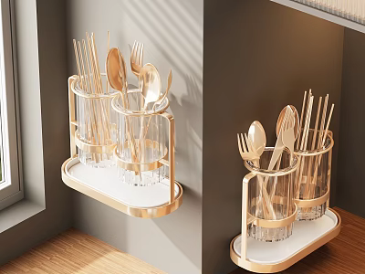 Modern Decorative Ornament Set With Golden Frame Storage Racks And Transparent Glass Tableware Holders 3d model