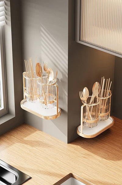 Modern Decorative Ornament Set With Golden Frame Storage Racks And Transparent Glass Tableware Holders 3d model
