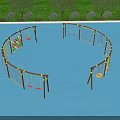 Outdoor Playground Equipment With Circular Rope Netting Structure And Swings On Blue Ground