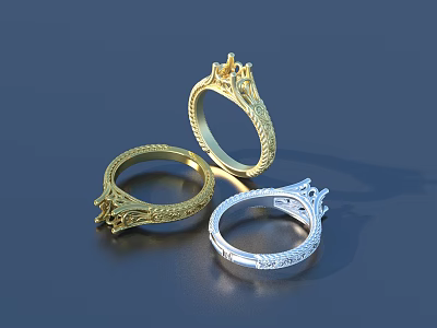Fashionable Decorative Rings Featuring Intricate Patterns And Crown Design In Gold Silver 3d model
