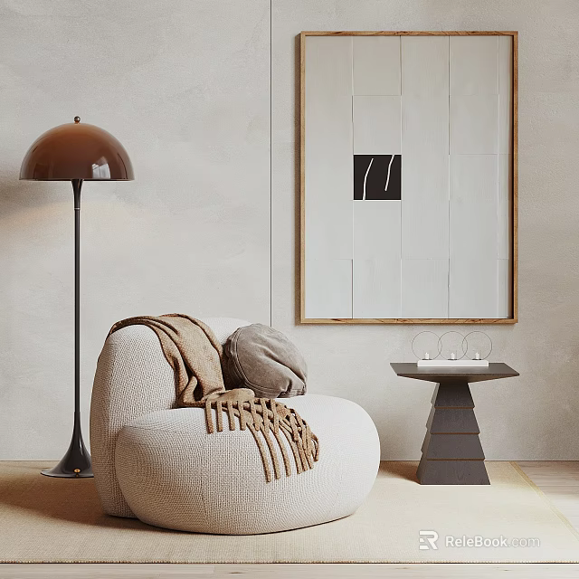 Cozy Lazy Sofa With Blanket Pillow Near Brown Floor Lamp Framed Artwork And Side Table 3d model 