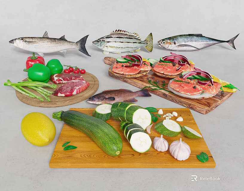 Assorted Fresh Fish Steak and Colorful Vegetables Prepped on Wooden Cutting Boards 3d model 