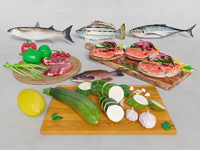 Assorted Fresh Fish Steak and Colorful Vegetables Prepped on Wooden Cutting Boards 3d model