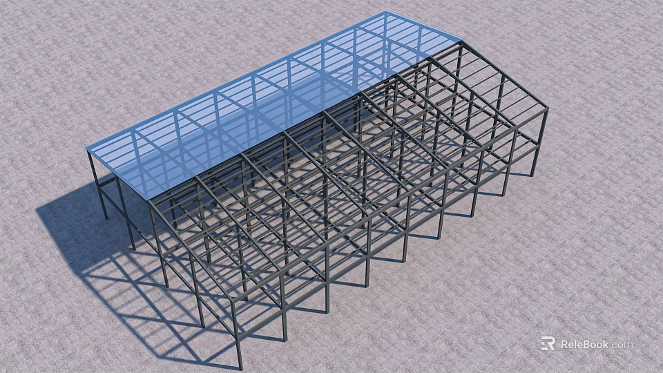 Industrial Equipment Metal Frame Structure With Blue Transparent Roof And Support Beams 3d model 