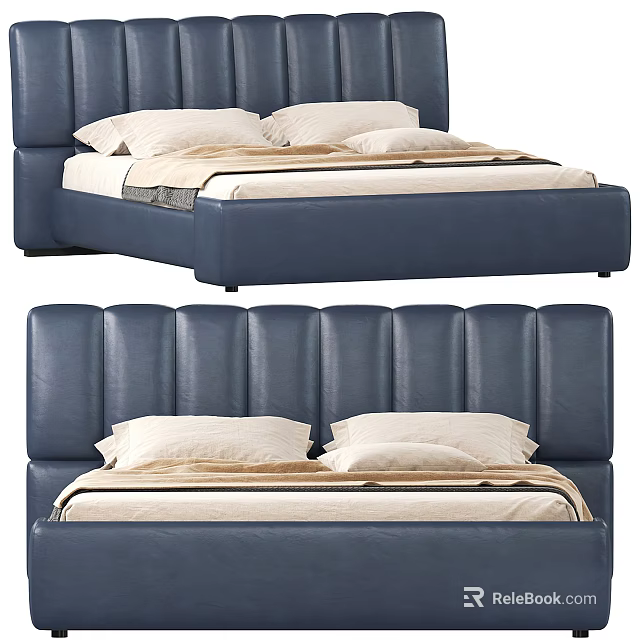 Navy Blue Leather Double Bed With Tufted Headboard White Pillows And Beige Bedding 3d model
