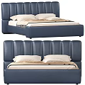 Navy Blue Leather Double Bed With Tufted Headboard White Pillows And Beige Bedding 3d model