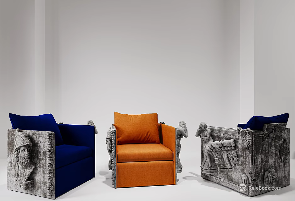 Stylish Accent Chairs With Orange And Blue Upholstery And Carved Armrests In Minimalist White Space 3d model 