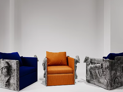 Stylish Accent Chairs With Orange And Blue Upholstery And Carved Armrests In Minimalist White Space 3d model